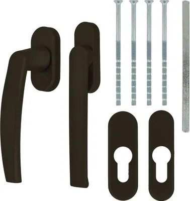 A set of dark brown window handles and screws on a white background.