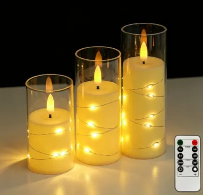 Produktbild von 3er-Set Led Kerzen mit Lichterkette,Fernbedienung Timer,LED-Kerzen Batteriebetrieben,Dimmbar Transparentabdeckung für Innen