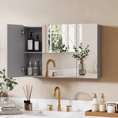 Produktbild von SUGIFT 3-türig mit verstellbaren Böden, Spiegelschrank Bad Wandmontage, Badezimmerschrank, Grau  |  Soft-Close  |  MDF  |  90x60x15 cm