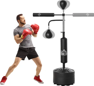 Zdjęcie produktu dla Worek bokserski stojący HOMCOM 4 w 1, 160-230 cm, regulowany, z 2 piłkami, drążkiem refleksyjnym 360°, zestawem piłek bokserskich, workiem kickboxingowym dla dorosłych i młodzieży, treningiem MMA.