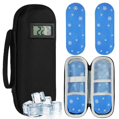 Insuline-Kühltasche mit Temperaturanzeige, 2 Kühlakkus, schwarz