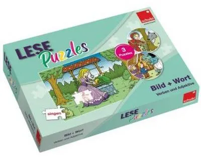 Produktbild von LesePuzzles Lernspiel mit Selbstkontrolle, 3 Puzzles à 25 Aufgaben, Wortschatz Verben & Adjektive