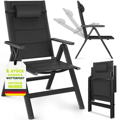 Produktbild von tillvex Gartenstuhl mit Polster Premium 1 Stück Schwarz klappbar aus Aluminium | Hochlehner mit Armlehnen | Klappstuhl verstellbar | Klappsessel Balkon Garten Terrasse