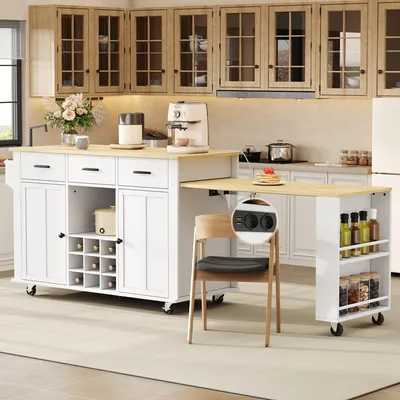 Immagine prodotto di Isola da cucina MODFU con piano di lavoro estendibile, carrello da cucina mobile con 3 cassetti e presa di corrente, carrello di servizio con ripiani regolabili e 7 ruote, colore bianco