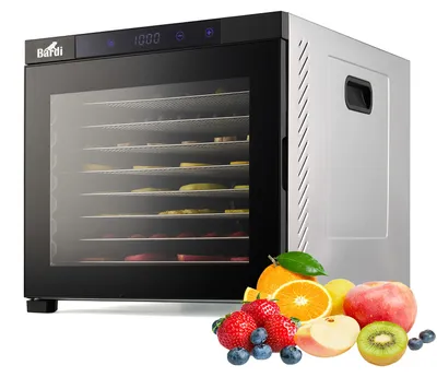 Produktbild von BARDI Professional 10-lagiger Dörrautomat – Dörrgerät – Trockenofen aus Edelstahl – 24-Stunden-Timer – LED-Bedienfeld – Inklusive 10 Beuteln und Lebensmittelzange – 1000 Watt