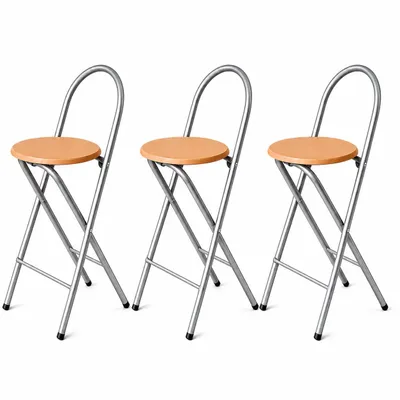 Produktbild von KMH® Barhocker Bill 3er-Set klappbar mit Lehne & Fußstütze – Silber/Buche