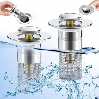 Produktbild von Ibenzoa® Universal-Abflussstopfen mit Edelstahl-Haarsieb, Pop-up-Ventil und Dichtungsringen – für Ø 34–40 mm (Waschbecken, Dusche, Küche)