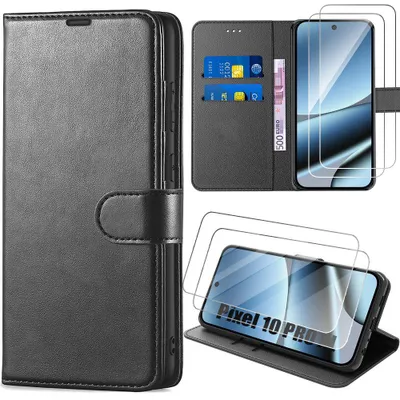 Image de Coque + 2 Verres Trempés pour Google Pixel 10 Pro XL, Protection Intégrale Antichoc Synthécuir Luxe Noir