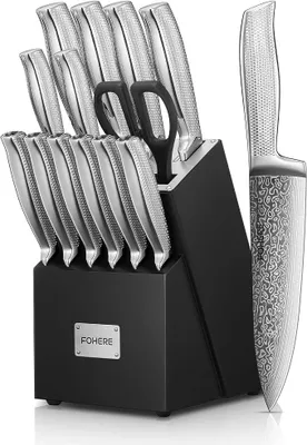 Imagen del producto de Conjunto de cuchillos de 14 piezas, con bloque de autofilado. Juego de cuchillos afilados con bloque de madera. Mango ergonómico y antideslizante de acero inoxidable. Juego de cuchillos profesionales para la cocina, ideal como regalo