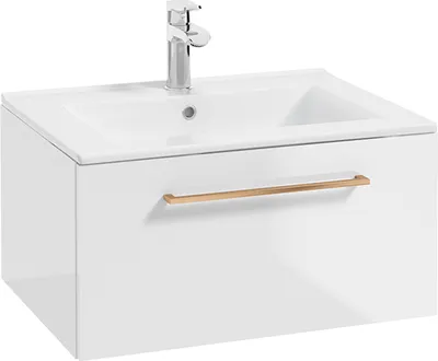 Produktbild von Badezimmer Waschtisch in weiß Hochglanz lackiert mit Metallgriff in kupfer und Keramikwaschbecken MESSINA-107, B/H/T ca. 60/32/46 cm