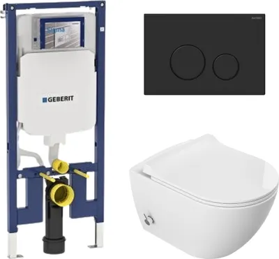 Immagine prodotto di Domotechnika | Set per WC Viba - installazione a parete - bianco - senza brida, chiusura morbida, igienico - elemento pre-muro + cassetta da incasso - pomolo nero opaco