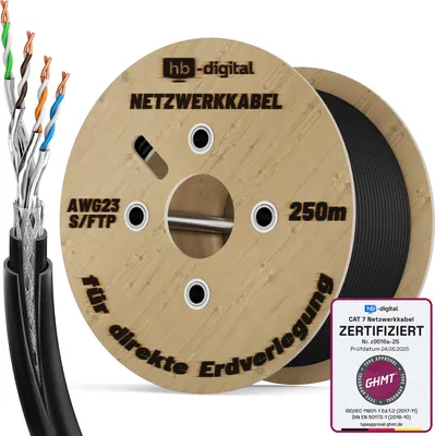 Produktbild von hb-digital CAT 7 Erdverlegekabel Doppelmantel S/FTP PVC + LLDPE AWG23 Außenbereich 250m