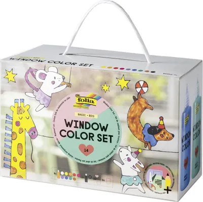 Produktbild von folia 43019 - Window Color Set BASIC BIG, 10 x 80 ml, Fensterfarbe für Kinder, mit 4 Malfolien und 1 großen Malvorlage, inkl. Anleitung, für glatte Oberflächen wie Glas und Porzellan