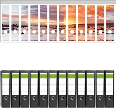 Produktbild von Wallario 12 Stück breite Ordner inkl. Klebeetiketten mit Motive Wattwanderung am Meer bei Sonnenuntergang -  Set mit Rückenschildern / Ordnerrücken Stickern