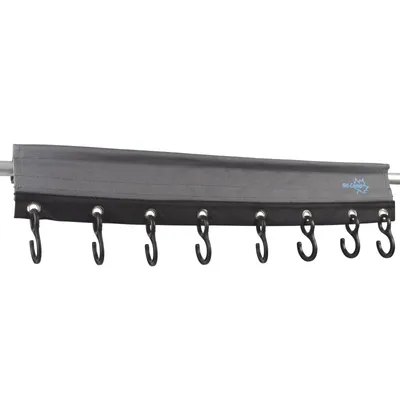 A close-up shot of a gray fabric organizer with black hooks attached to a metal rod.