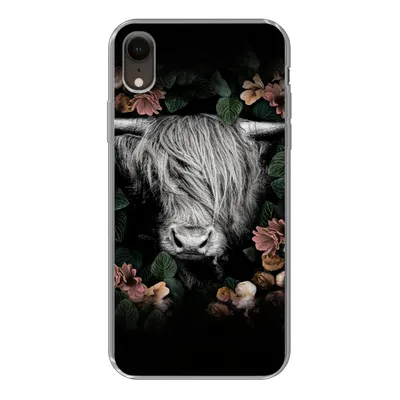 Produktbild von MuchoWow® Handyhülle Schutzhülle Hülle für iPhone XR Schottischer Highlander - Blumen - Rosa Silikon Softcase Handy Hülle - Schutzdeckel