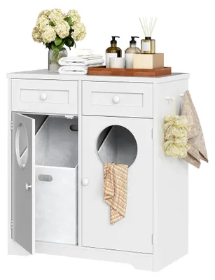 Produktbild von Badschrank mit Wäschekorb, Badezimmerschrank mit 2 x 37 L Wäschekörben, freistehender Wäscheschrank mit 2 Schubladen und 4 Haken, für Badezimmer, Waschküche, Weiß