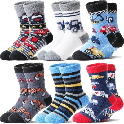 Produktbild von Stoppersocken Kinder Kuschelsocken Jungen Dicke Warme Anti Rutsch Wintersocken Bettsocken Haussocken Autos 6 Paar Größe 26-29
