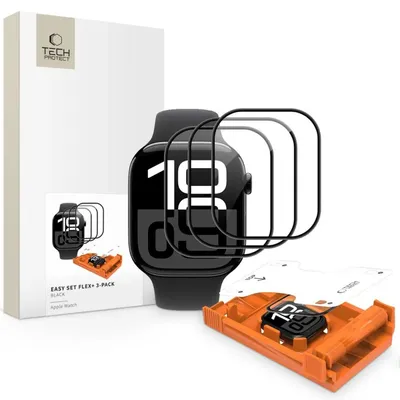 Obrázok produktu pre TECH-PROTECT Easy Set Flex+ tvrdené ochranné sklo, balenie 3 ks, pre Apple Watch 10 / 11 (46 mm), čierna (5906302352319)