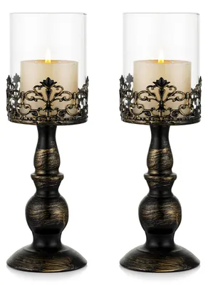 Immagine prodotto di Omgoods - Set di 2 portacandele vintage in metallo, colore nero