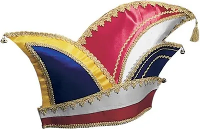 A colorful jester hat with bells and gold trim, presented against a white background.