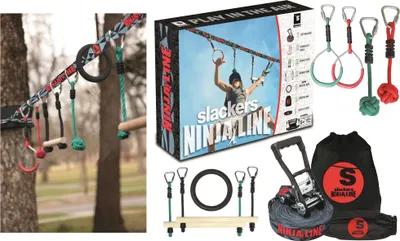 A collage of images showing a Slackers Ninja Line set, including the line, accessories, and packaging.