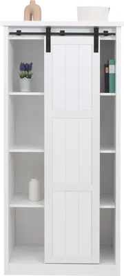 Obrázek produktu pro Skříňka HWC-K75, komoda s vysokou deskou, posuvné dveře 8 přihrádek, průmyslový kov se vzhledem dřeva 163x76x38cm  bílá