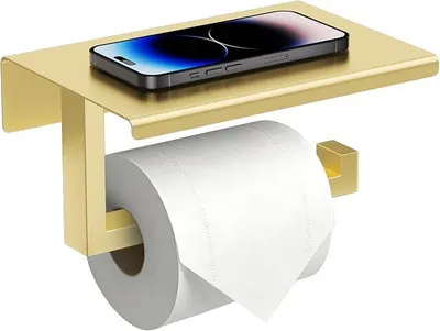 Produktbild von PolkaHome® Toilettenpapierhalter mit Ablage – Wandmontage, Edelstahl, Gold – Handtuchhalter für Bad & Gäste-WC