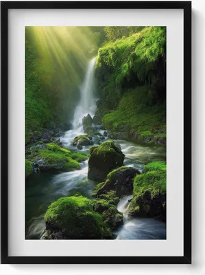 Produktbild von Wasserfall und Felsen– Wandbild mit Rahmen – Gerahmtes Bild  – Wanddekoration – 50x70 cm –  Schwarz Rahmen