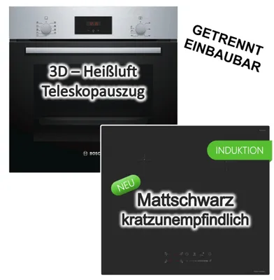 Produktbild von Herdset BOSCH Einbaubackofen 3D Heißluft Teleskopauszug + keenberk Induktionskochfeld Booster Touch-Slider MattBlack