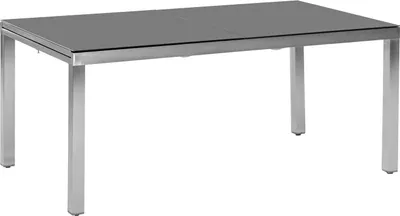 A rectangular outdoor dining table with a glass top and a metal frame.