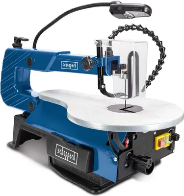 A blue and black scroll saw with a clear protective guard and an LED light is shown against a white background.