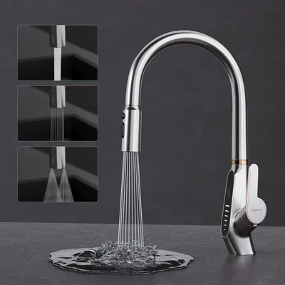 Produktbild von Mai & Mai Wasserhahn Küche Küchenamatur ausziehbar 360° drehbar 3 Wasserstrahl-Modi LED-Digitalanzeige Küchenwasserhahn Spültischarmatur Silber 8085