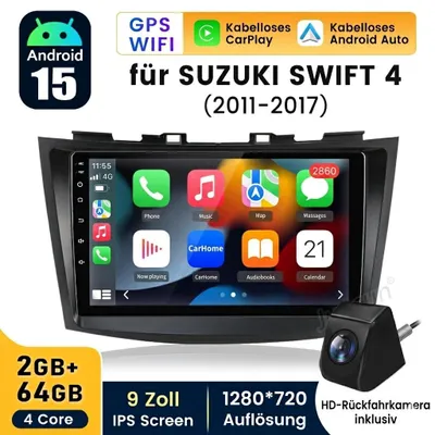 Obrázok produktu pre 9-palcové autorádio s Androidom 15 a CarPlay pre Suzuki Swift IV FZ NZ (2011–2017) – GPS navigácia, Wi-Fi, Bluetooth, DAB+, SWC, USB, DSP, RDS, 2 GB + 64 GB