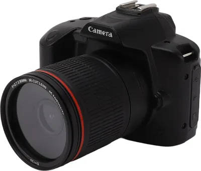 A black digital camera with a lens attached, shown from a side-angle against a white background.