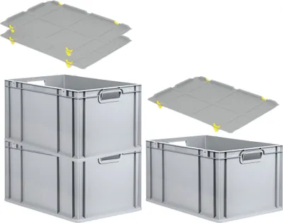 Produktbild von SuperSparSet 3x Eurobox NextGen Economy mit Auflagedeckel und 4x Schiebeschnappverschlüsse Gelb | Griffe offen | HxBxT 32x40x60cm | 65 Liter | Eurobehälter, Transportbox, Transportbehälter, Stapelbehälter