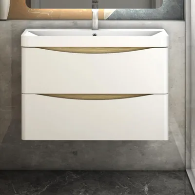 Produktbild von Badmöbel-Set 80 cm HALMON Eiche Weiß Badezimmerschrank,Mineralgusswaschbecken mit Unterschrank,Badschrank mit 2 Schubladen