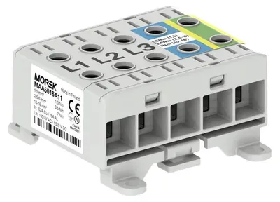 Imagen del producto de Bornier OTL16-5X, color gris, azul, amarillo/verde, 5X1XAL/CU, para cables de 1,5-16 mm², 1500V. Borne universal