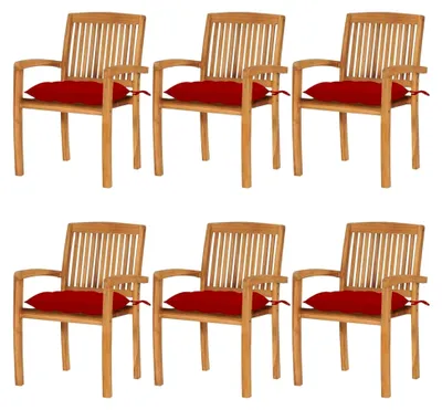 Produktbild von Stapelbare Gartenstühle mit Kissen, 6 Stück, Teak Massivholz, Terrassenstuhl für Garten, Pool, Terrasse, Esszimmer