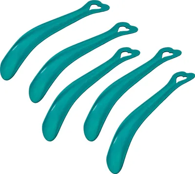 Produktbild von 5 Stück Baby Schuhlöffel Set bis Schuhgröße 24 für Kleinkinder Mini Schuhanzieher Kunststoff Schuhanziehhilfe Grün klein für Tasche Reise oder Zuhause