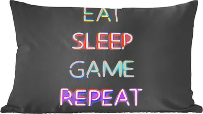 Produktbild von MuchoWow® Zierkissen Sofakissen Wohnzimmer Dekokissen 60x40 cm Gaming - Led - Zitat - Eat sleep game repeat - Gaming - Kopfkissen - Polster mit Foto