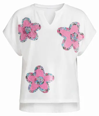 Produktbild von Damen Bluse weiß Größe S mit V-Ausschnitt, kurzen Ärmeln und floralem Muster