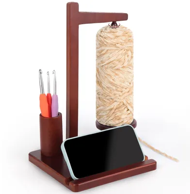 Produktbild von Magnetischer Garnhalter zum Häkeln, Multifunktionaler Holz Wollhaspel Rotierender mit Telefonständer, Wollknäuelhalter aus Holz, Wollhalter Drehbar für Stricken