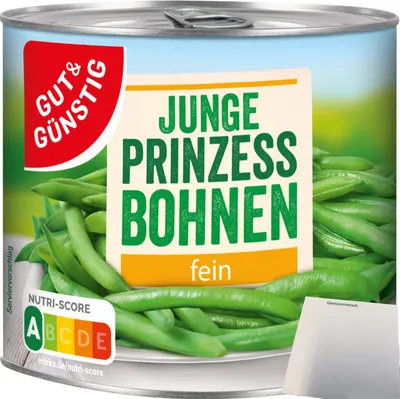 Produktbild von Gut & Günstig Junge Prinzessbohnen fein sortiert (400g Dose) + usy Block