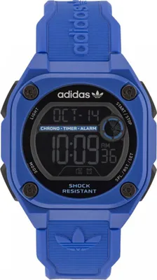 A blue Adidas digital watch is shown against a white background.