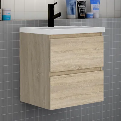 Produktbild von Badezimmermöbel 60cm CINIC-Serie Mineralguss Waschtisch mit Unterschrank Hängeschrank Badezimmerschränke mit 2 Schubladen Eiche