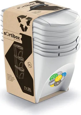 A set of three white Sortibox waste bins stacked together, presented in their packaging.