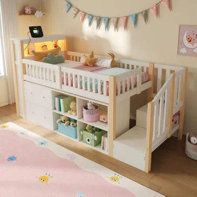 Produktbild von Kinderbett mit Stauraum, Schubladen, LED, Leiterschrank, Matratze nicht inbegriffen, Natur , 90x200 cm
