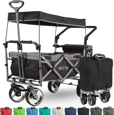 A black and gray folding wagon with a canopy, shown on a white background. Several color swatches of the wagon are displayed at the bottom.