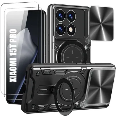 Image de Coque + 2 Verres Trempés pour Xiaomi 15T Pro, Antichoc avec Protection Caméra et Anneau Rotatif - Noir